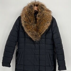 🚜 Bellivera navy rubberized Puffer Jacket with removable Faux Fur collar